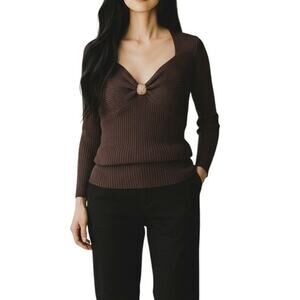 Cache Brown Gold Ribbed Tube Top Shirt Womens Sz Large Y2K V Neck 3/4 Sleeve